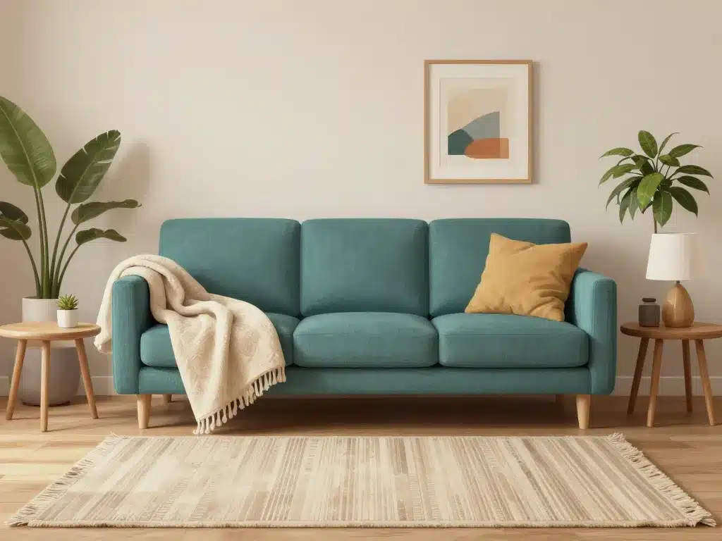 Créer ambiance salon moderne avec canapé bleu pétrole
