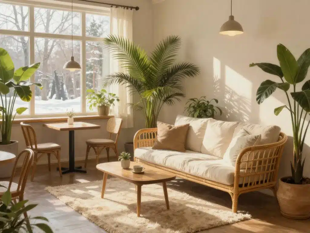 décoration intérieure salon d hiver cosy plantes