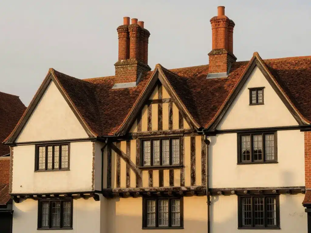 Caractéristiques visuelles architectural style tudor : toits pentus, colombages, fenêtres groupées