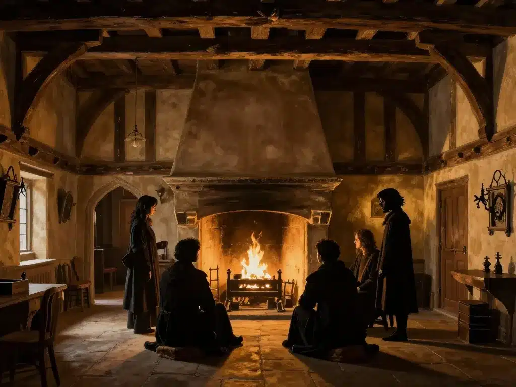 Intérieur architectural style tudor avec poutres, cheminée centrale et ambiance chaleureuse