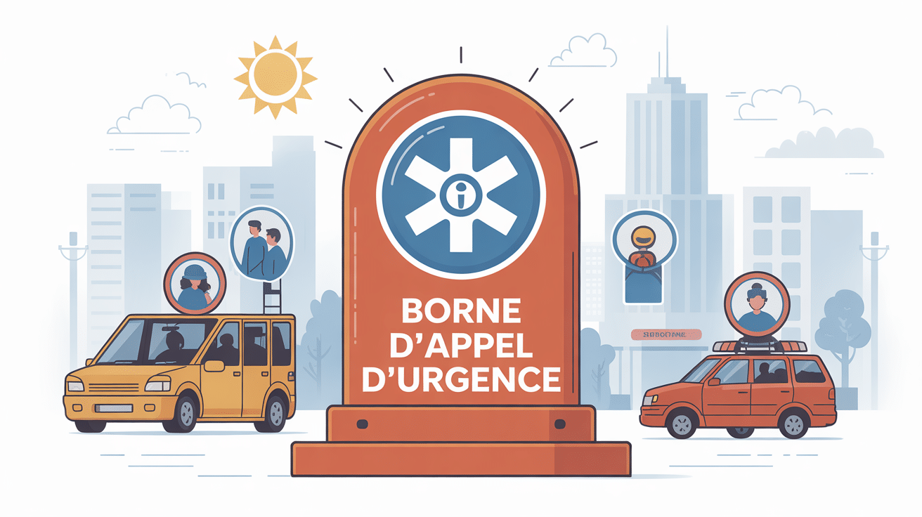 Illustration borne d'appel d'urgence sur parking, autoroute, entreprise et espace public