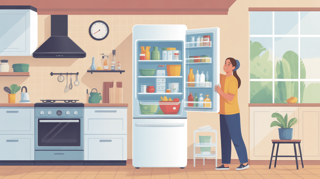 illustration installation cuisine brancher un frigo neuf après transport