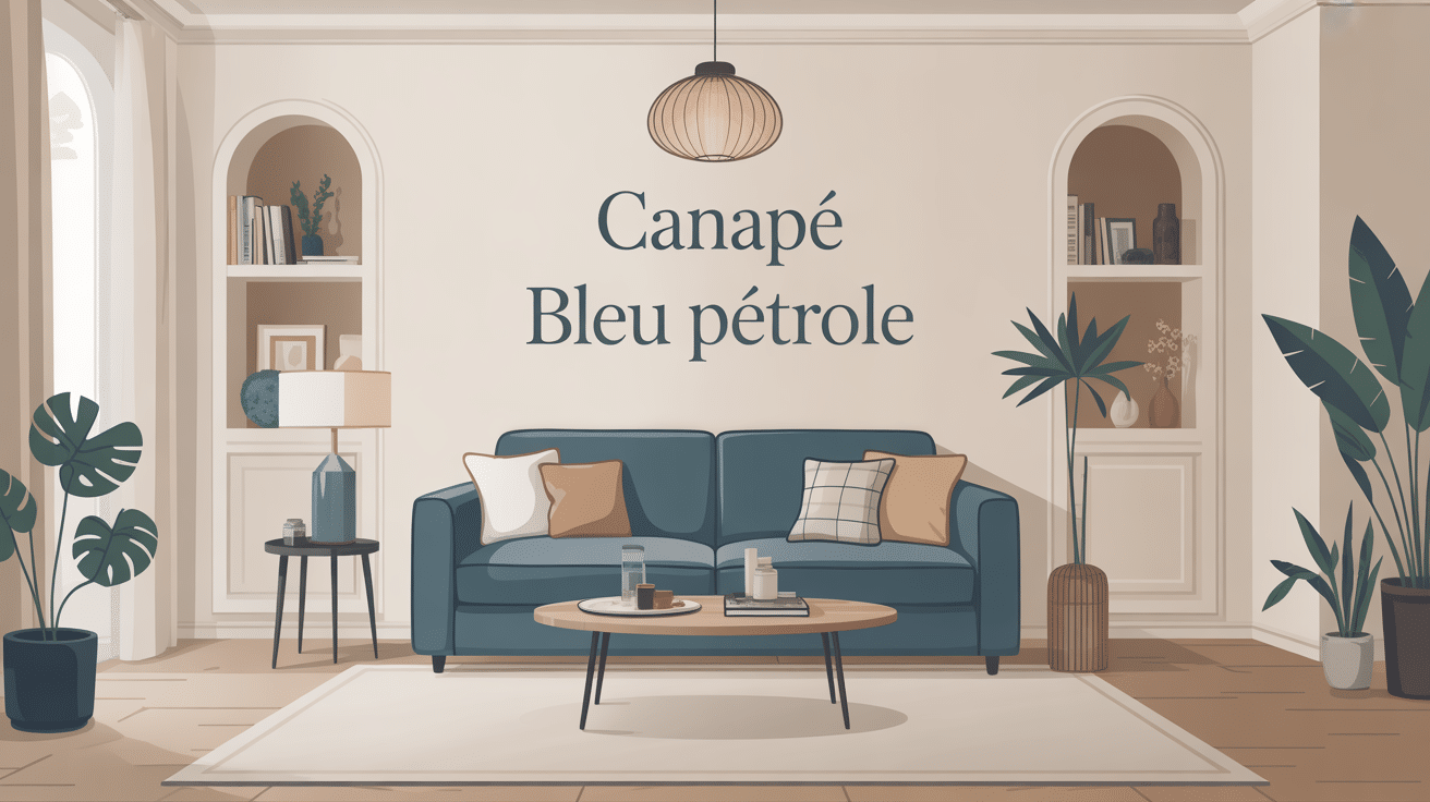Salon déco moderne avec canapé bleu pétrole, accessoires et couleurs douces