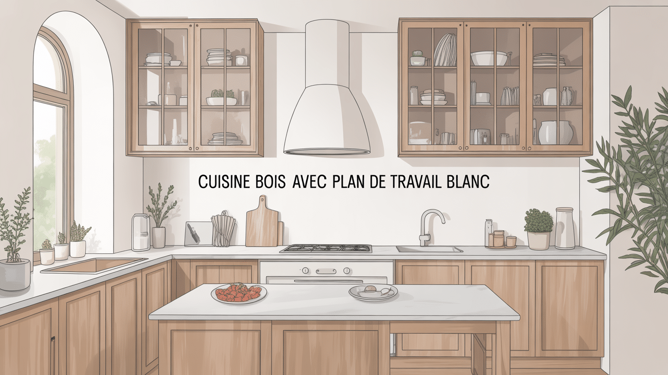 Cuisine bois plan de travail blanc ambiance chaleureuse lumineuse