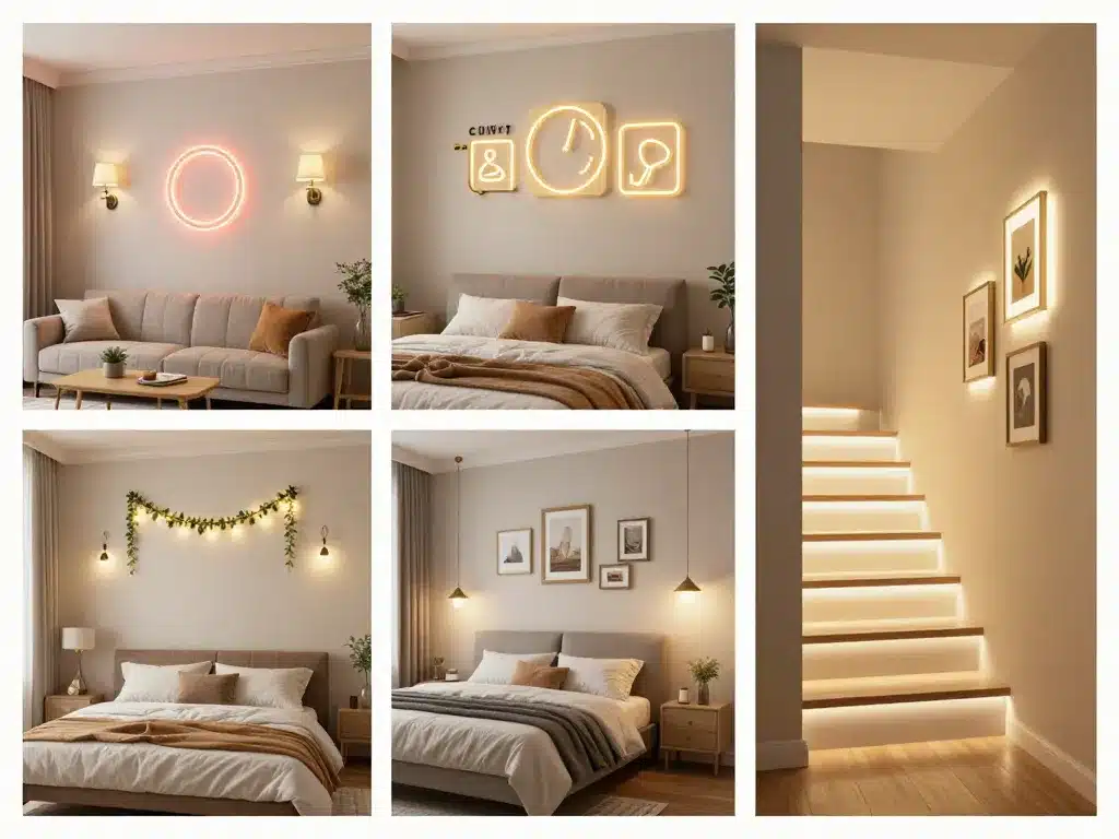 Décoration murale lumineuse dans salon, chambre et couloir