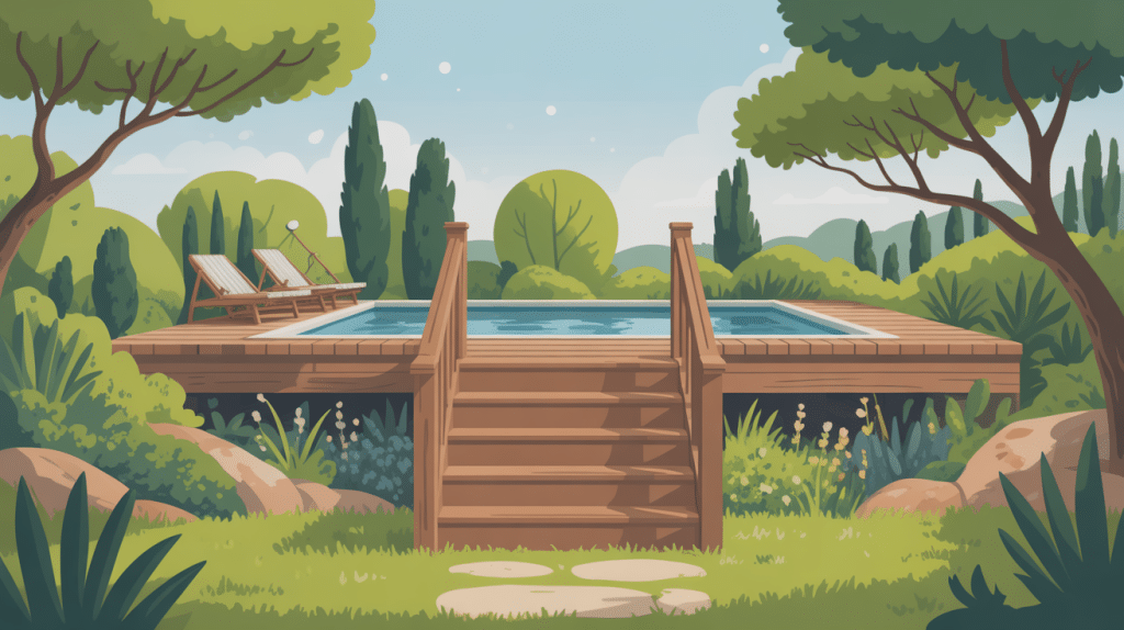 illustration escalier bois piscine hors sol au jardin