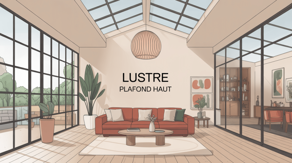 illustration lustre plafond haut élégant dans grand salon lumineux