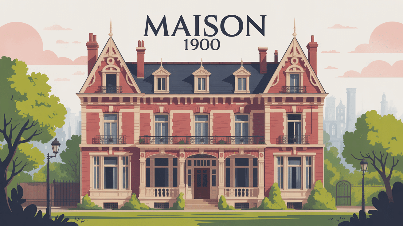 Illustration façade maison 1900 Belle Époque en brique