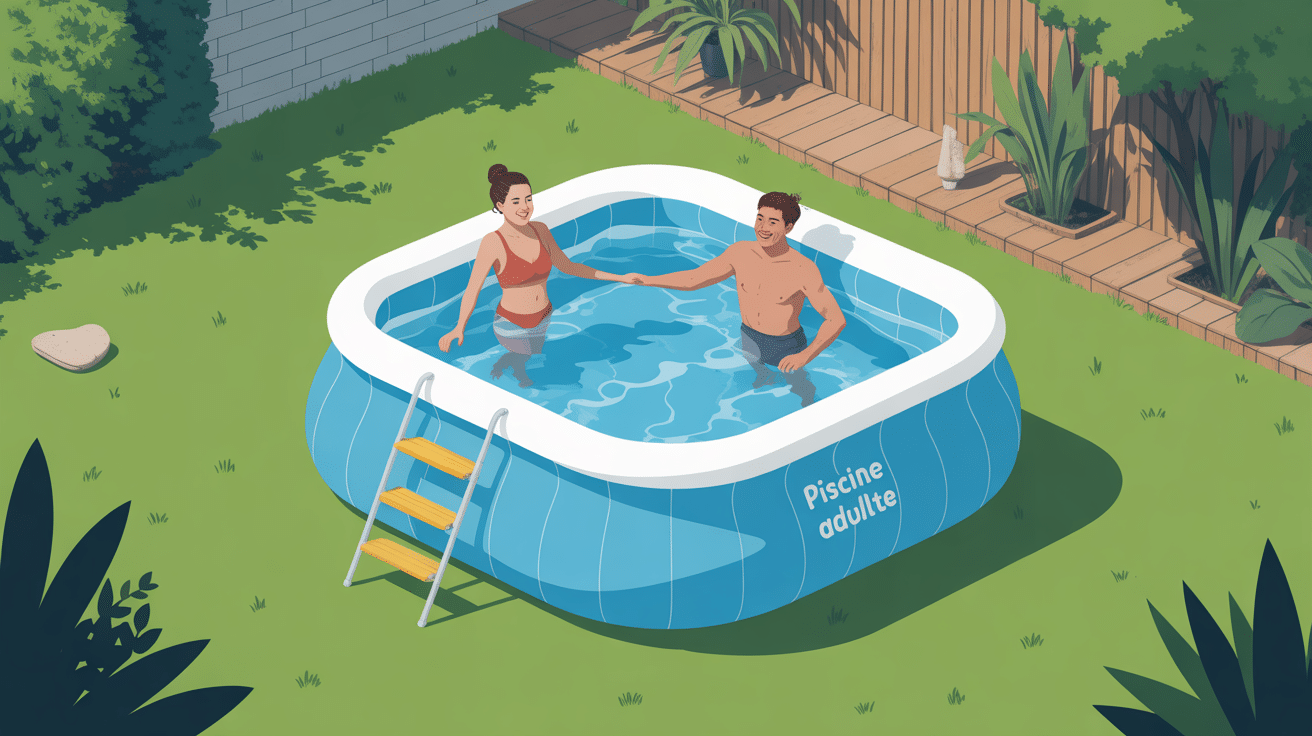 piscine gonflable adulte 1m50 hauteur installée dans jardin avec accessoires