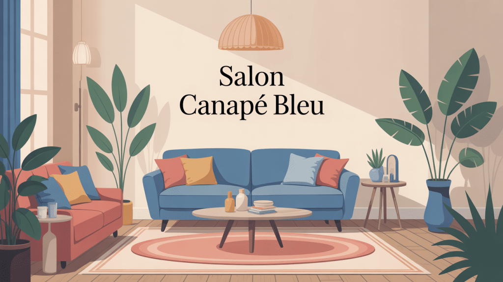 Salon canape bleu moderne, murs clairs et accessoires design