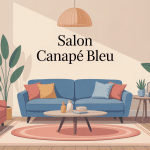 Salon canape bleu moderne, murs clairs et accessoires design