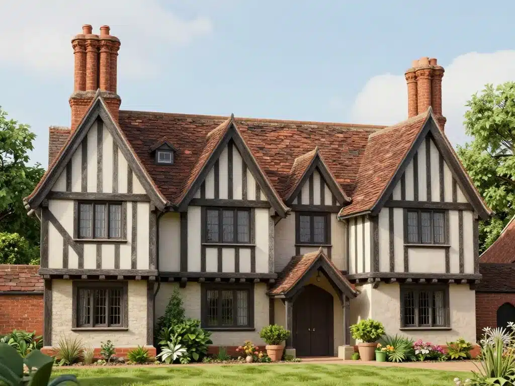 style tudor maison extérieure toits pentus colombages