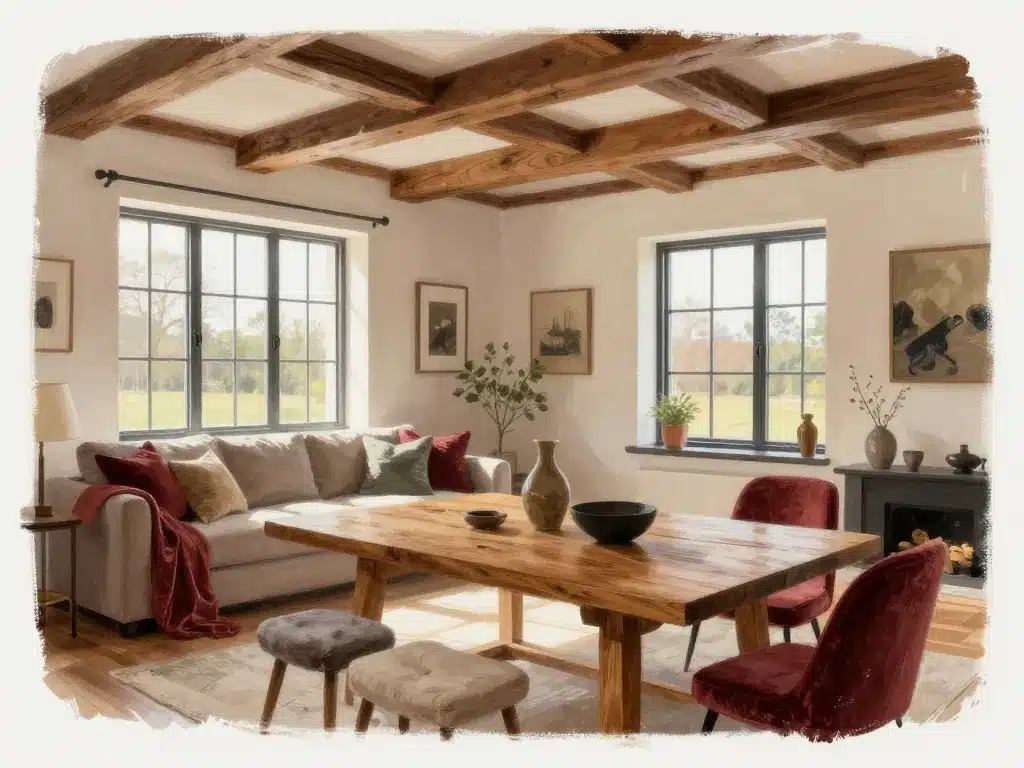 style tudor intérieur moderne poutres bois salon chaleureux