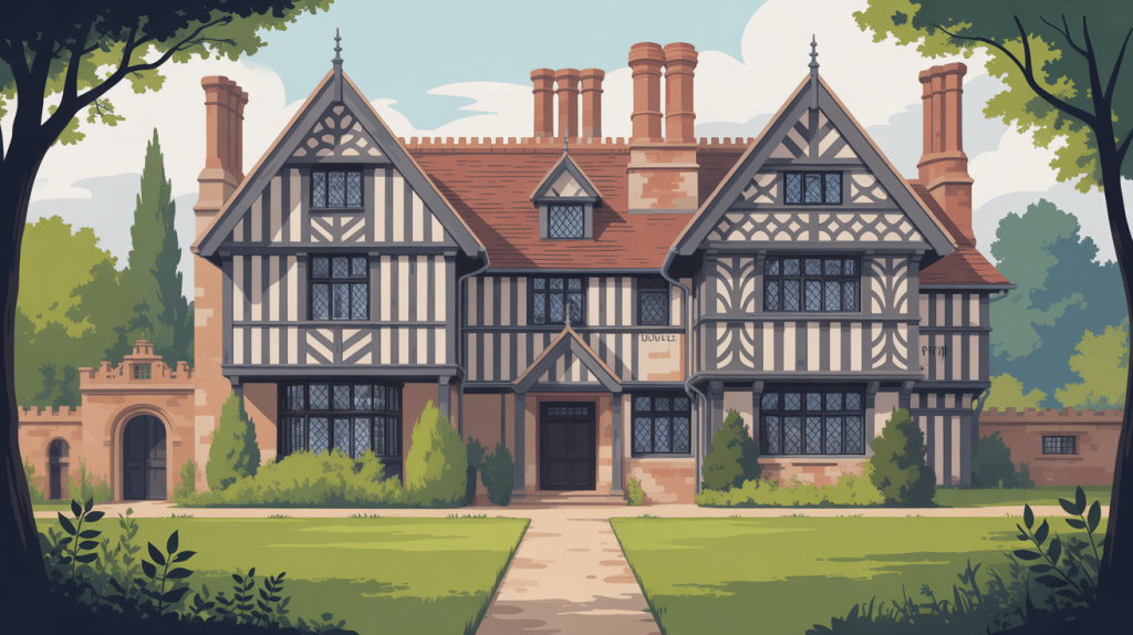 style tudor façade à colombages poutres apparentes manoir anglais