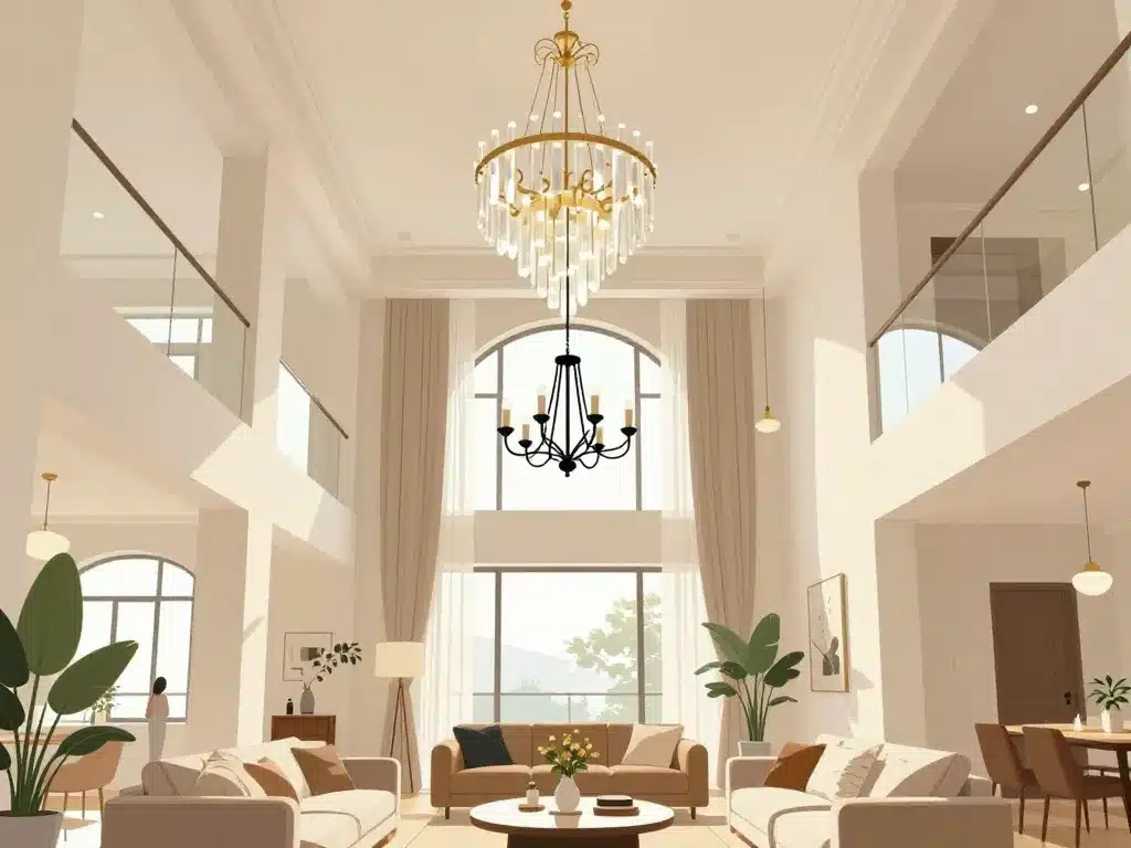 différents lustres plafond haut dans salon, salle à manger et cage d’escalier