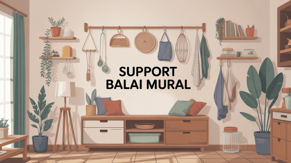 support balai mural avec balais et accessoires suspendus