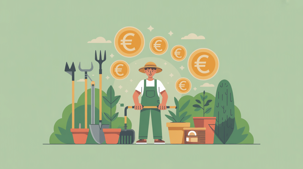 illustration tarif jardinier auto entrepreneur avec jardinier et outils