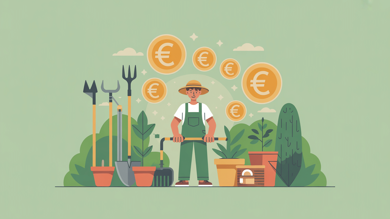 illustration tarif jardinier auto entrepreneur avec jardinier et outils