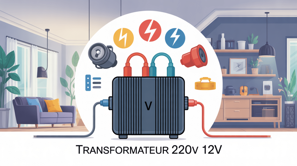 Illustration transformateur 220v 12v avec appareils maison
