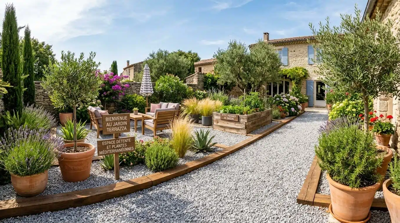Terrasse en gravier moderne avec bordures en bois et plantes méditerranéennes