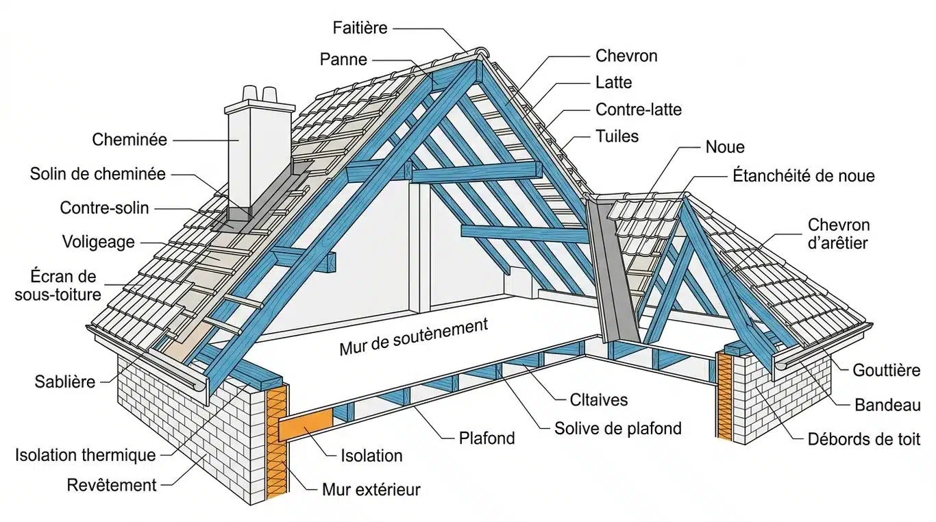 Schéma technique illustrant les différents éléments d'une toiture : faîtage, panne, chevron, liteau, noue et abergement.