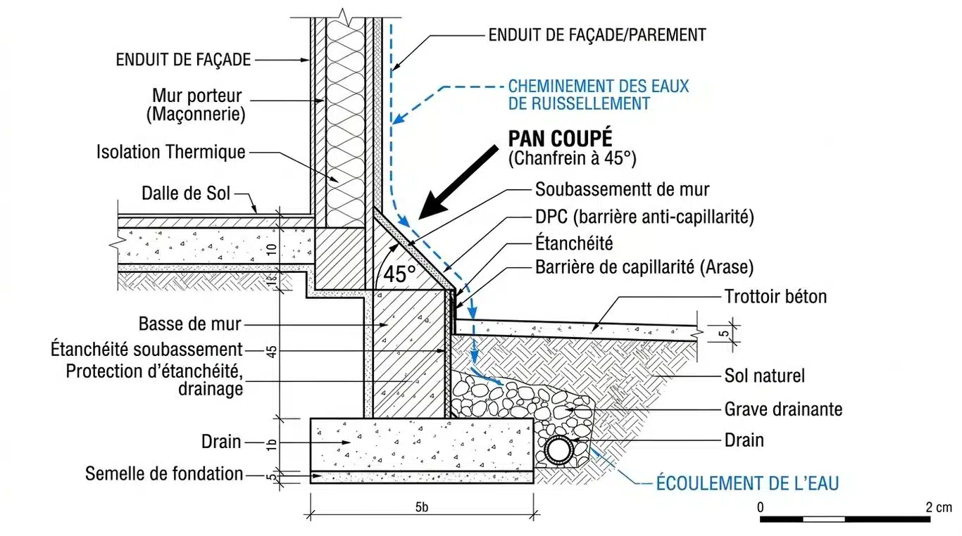 Schéma technique du pan coupé à 45° pour un soubassement de mur extérieur