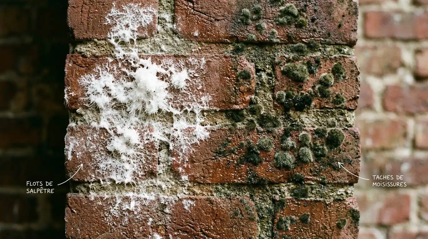 Comparaison visuelle entre des traces de salpêtre cristallines et des taches de moisissures sur un mur humide.