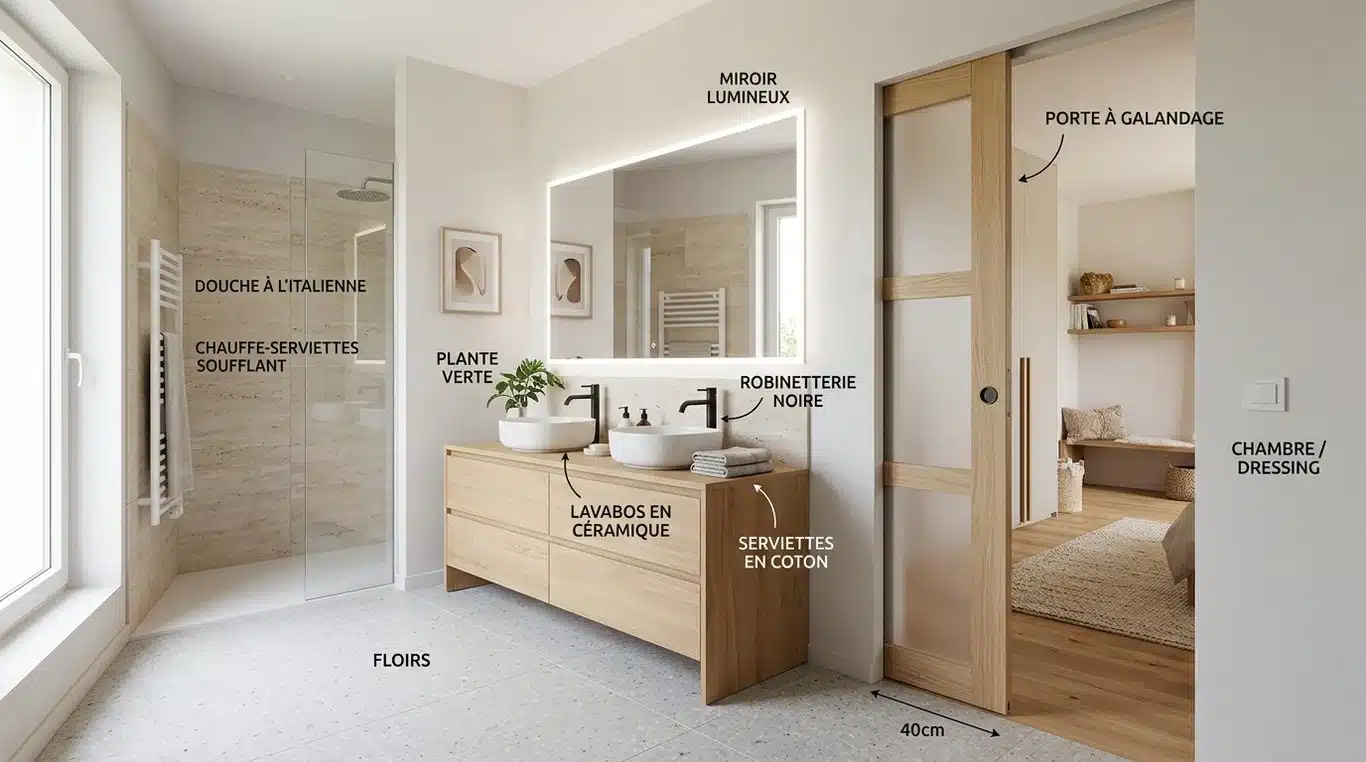 Porte à galandage dans une salle de bain moderne et épurée