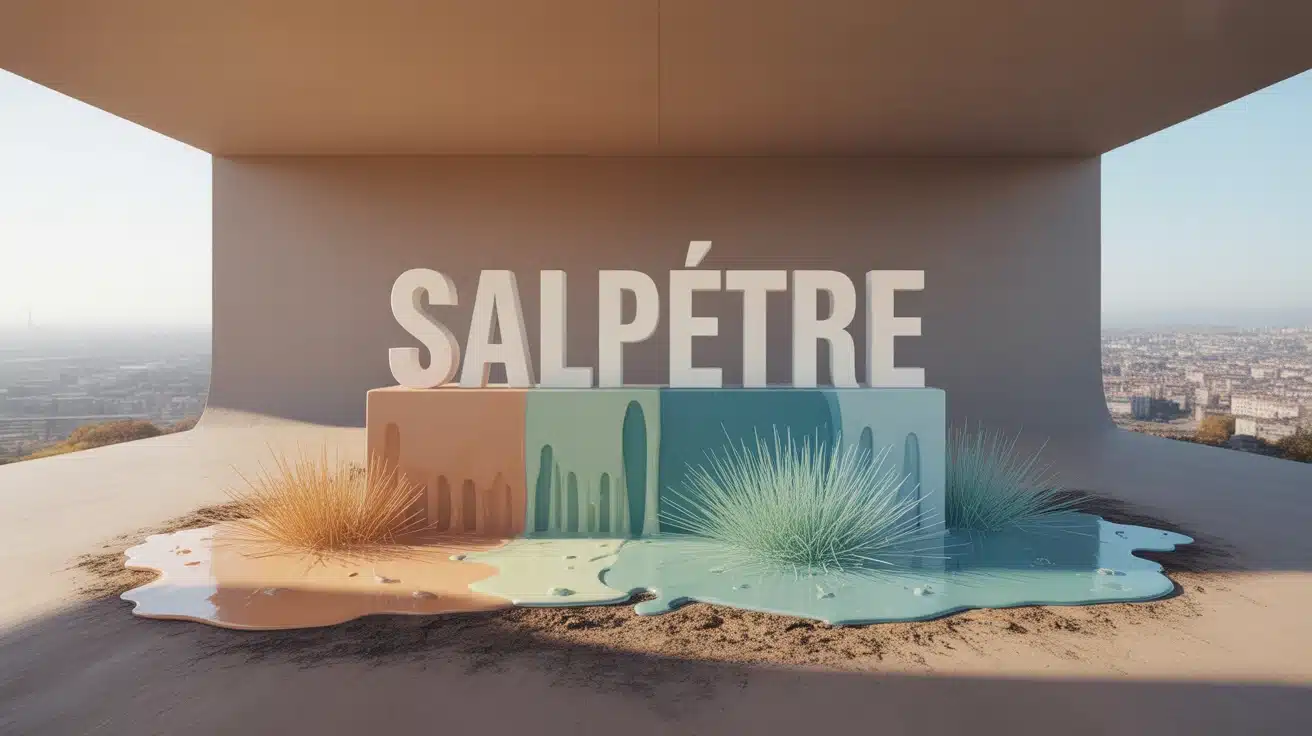 Salpêtre et efflorescences blanches sur mur humide