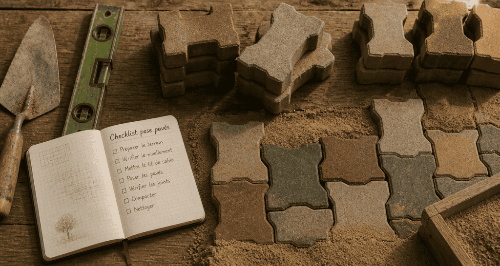 autobloquant pave pose et outils sur sable