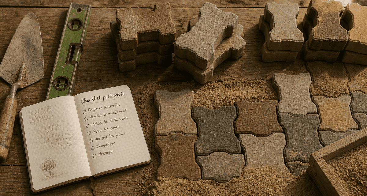 autobloquant pave pose et outils sur sable