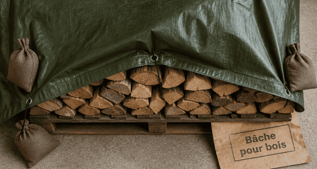 bache pour bois sur buches empilees