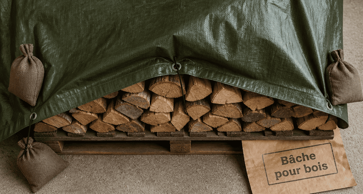 bache pour bois sur buches empilees