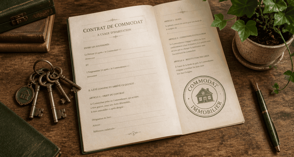Contrat de commodat immobilier sur bureau avec clés et stylo
