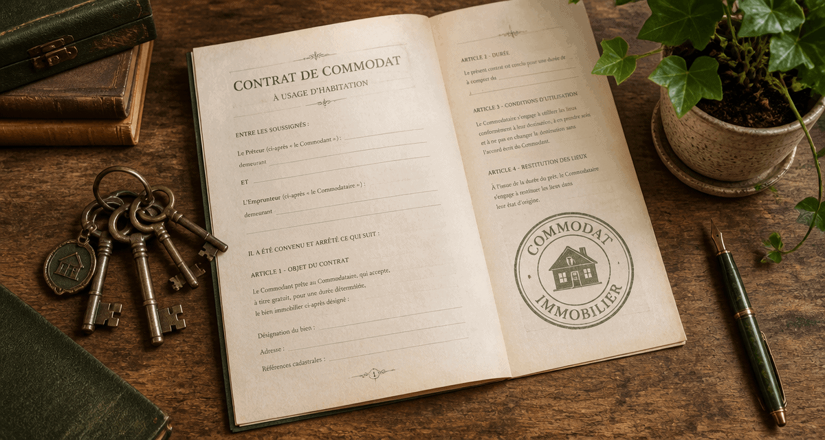 Contrat de commodat immobilier sur bureau avec clés et stylo