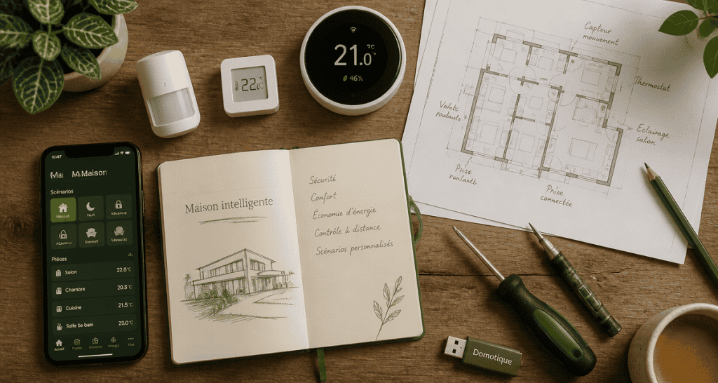 domotique définition, objets connectés sur bureau