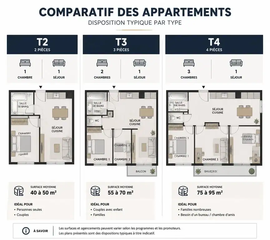 Infographie comparative des typologies d'appartements T2, T3 et T4 pour comprendre combien de chambres comporte un logement.