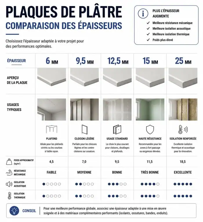 Infographie comparative des épaisseurs de placo BA6 à BA25 selon les usages