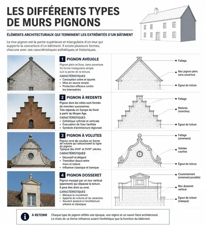 Schéma explicatif des différents types de murs pignons en architecture