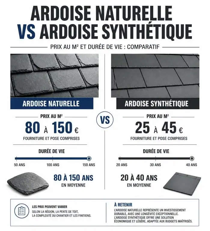 Comparaison des prix au m2 et durée de vie entre ardoise naturelle et synthétique pour une toiture en ardoise