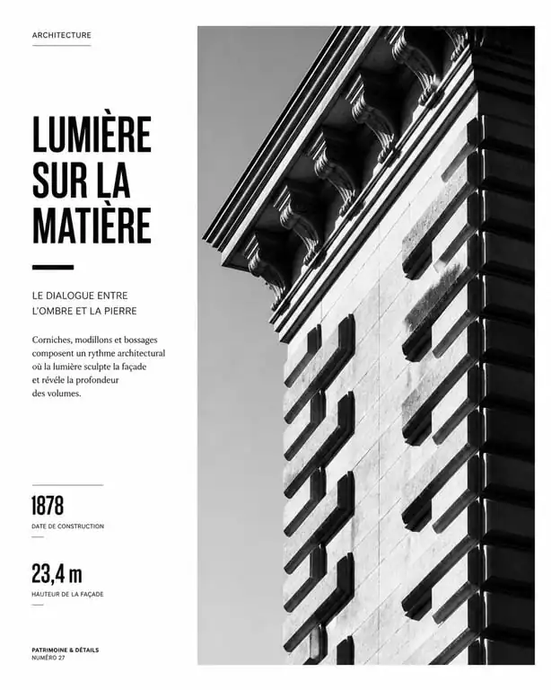 Détail architectural illustrant la modénature d'une façade avec jeux d'ombres et reliefs