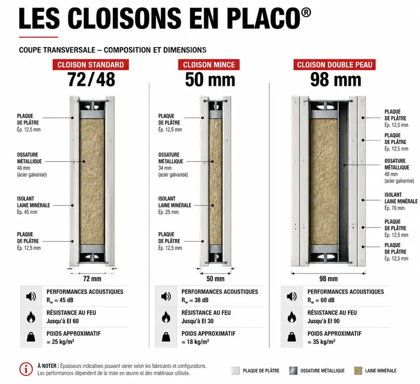 Schéma technique des épaisseurs de cloison en placo : standard, mince et double peau