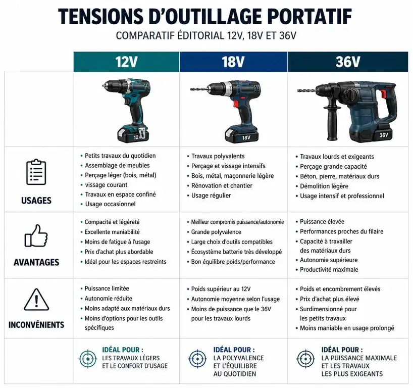 Comparatif des tensions d'outillage portatif 12V, 18V et 36V pour choisir son équipement