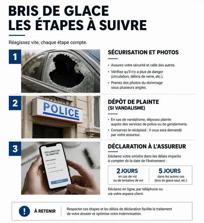 Infographie des étapes de déclaration d'assurance pour une vitrine cassée