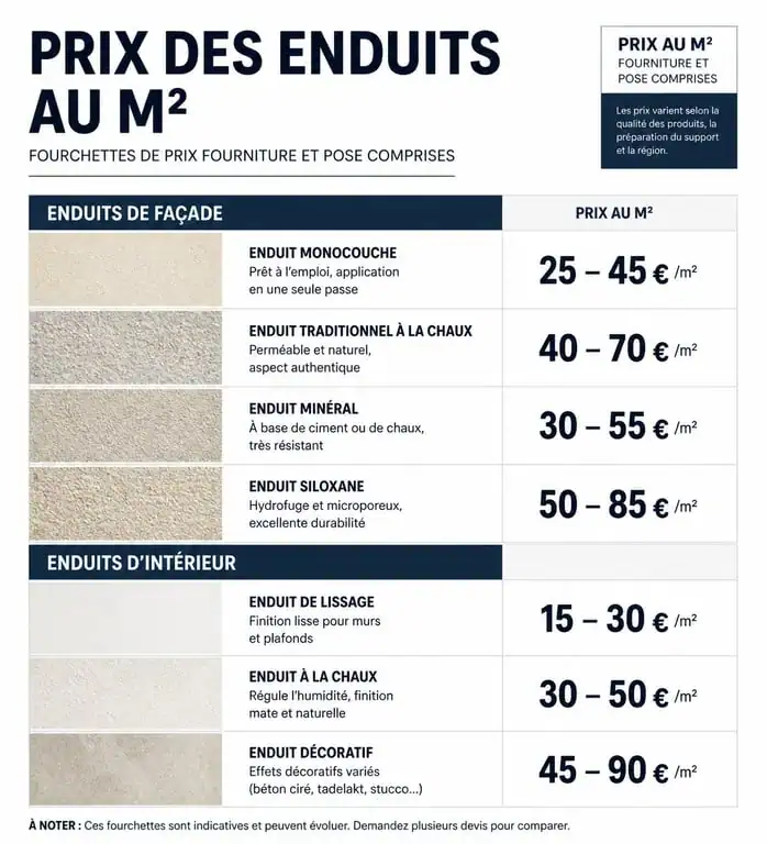 Tableau comparatif des prix de l'enduit au m2 pour façade et intérieur