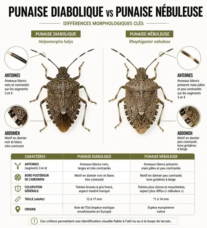 Infographie comparative pour identifier la punaise marron et la punaise diabolique