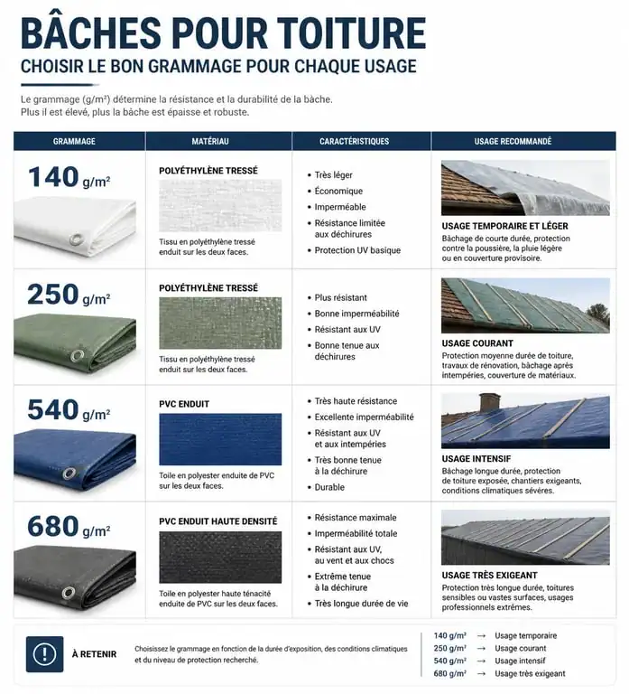 Infographie comparative des grammages et usages des bâches pour toiture
