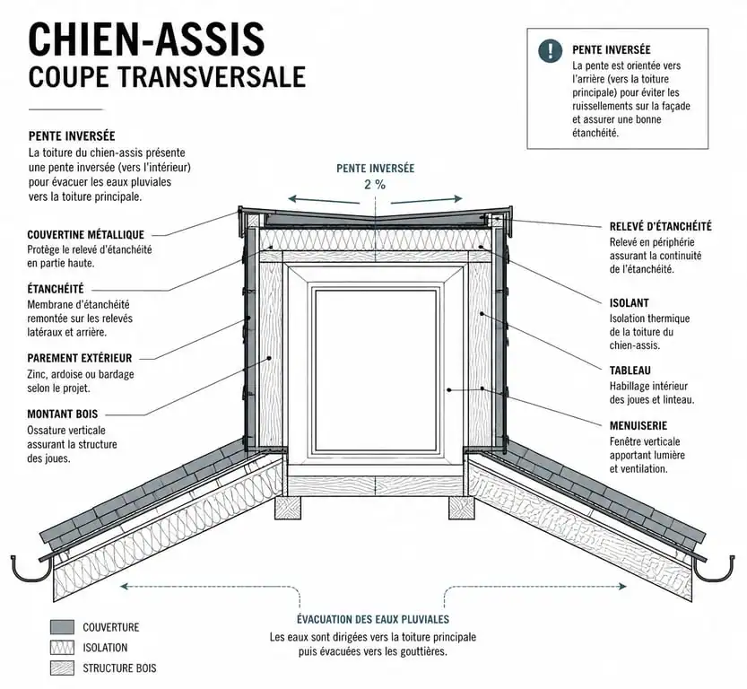Schéma technique d'un chien-assis sur une toiture de maison