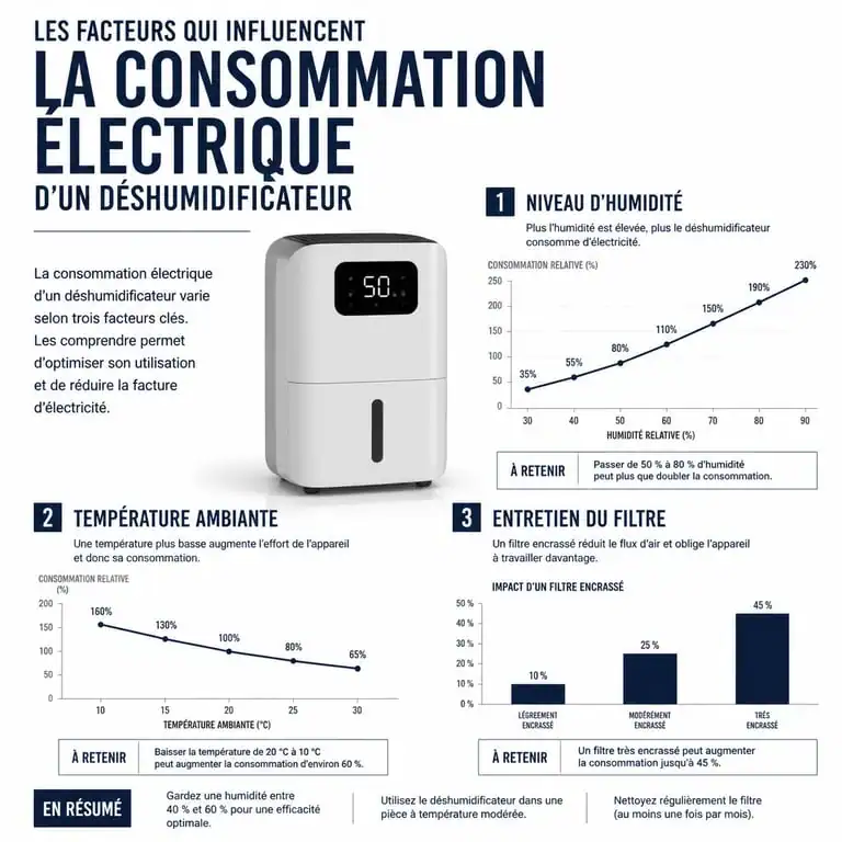 Infographie sur les facteurs influençant la consommation électrique d'un déshumidificateur