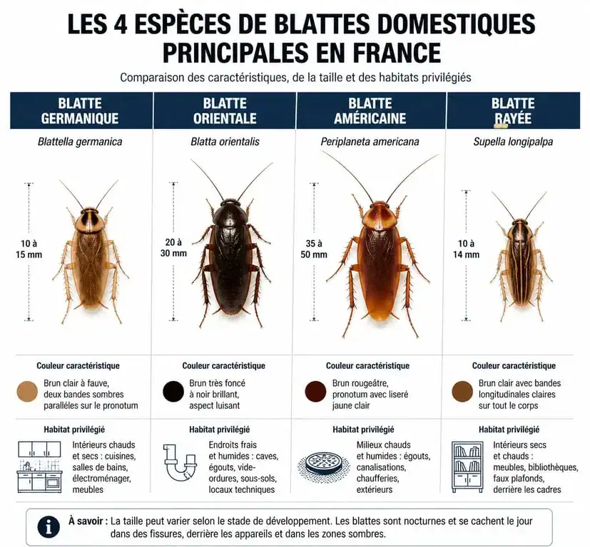 Infographie comparative des 4 espèces de blattes et cafards les plus courantes en France